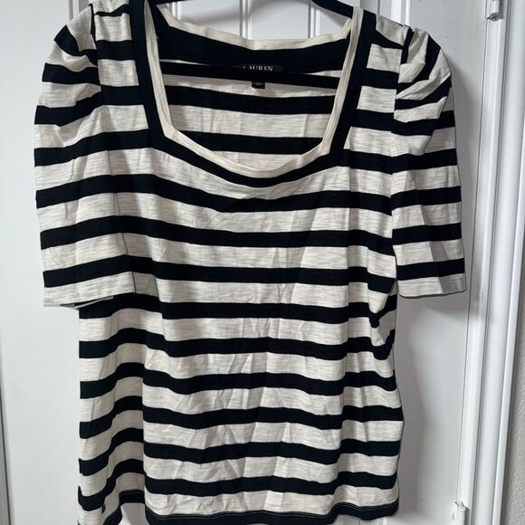 Ralph Lauren Black and White Striped puff sleeve Top - Picture 1 of 6